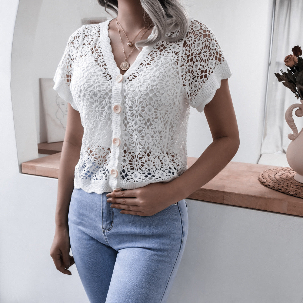 Summer Vacation V neck Crocheted Hollow Out Cutout Lace Shirt Top Women Clothing