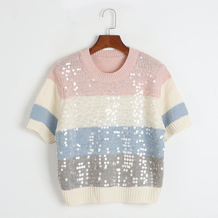 Sweet Gentle Color Matching High-Grade Knitwear Women Summer round Neck Sequined Top One Size Multi