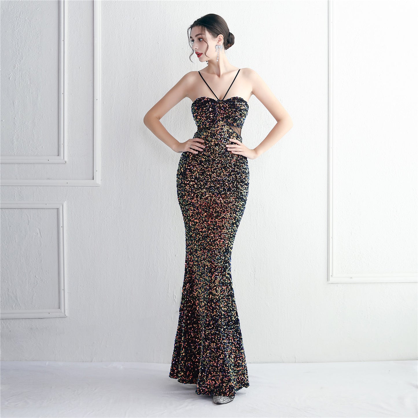 Bottom Sequin Suspender Party Sequined Dress Long Banquet Slim Fit Evening Dress Elegant