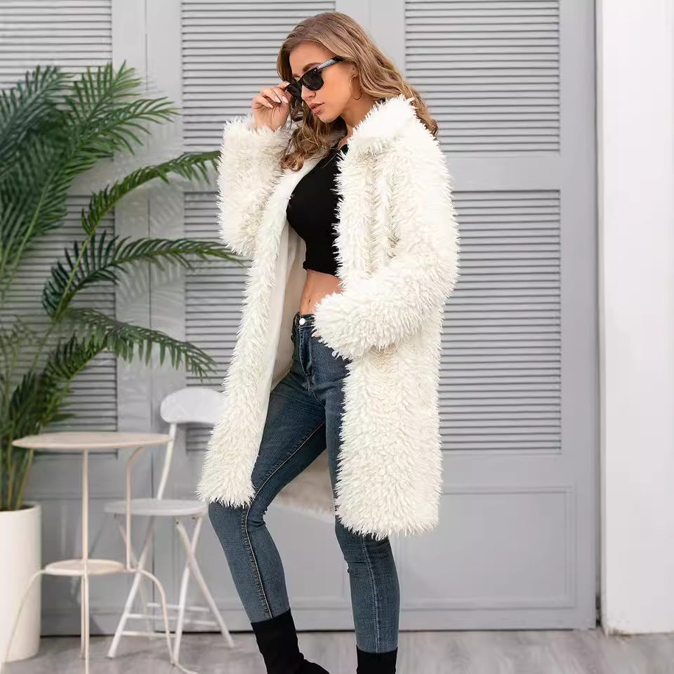 Ladies Faux Fur Coat Top Plush Collared Coat Long Autumn Winter