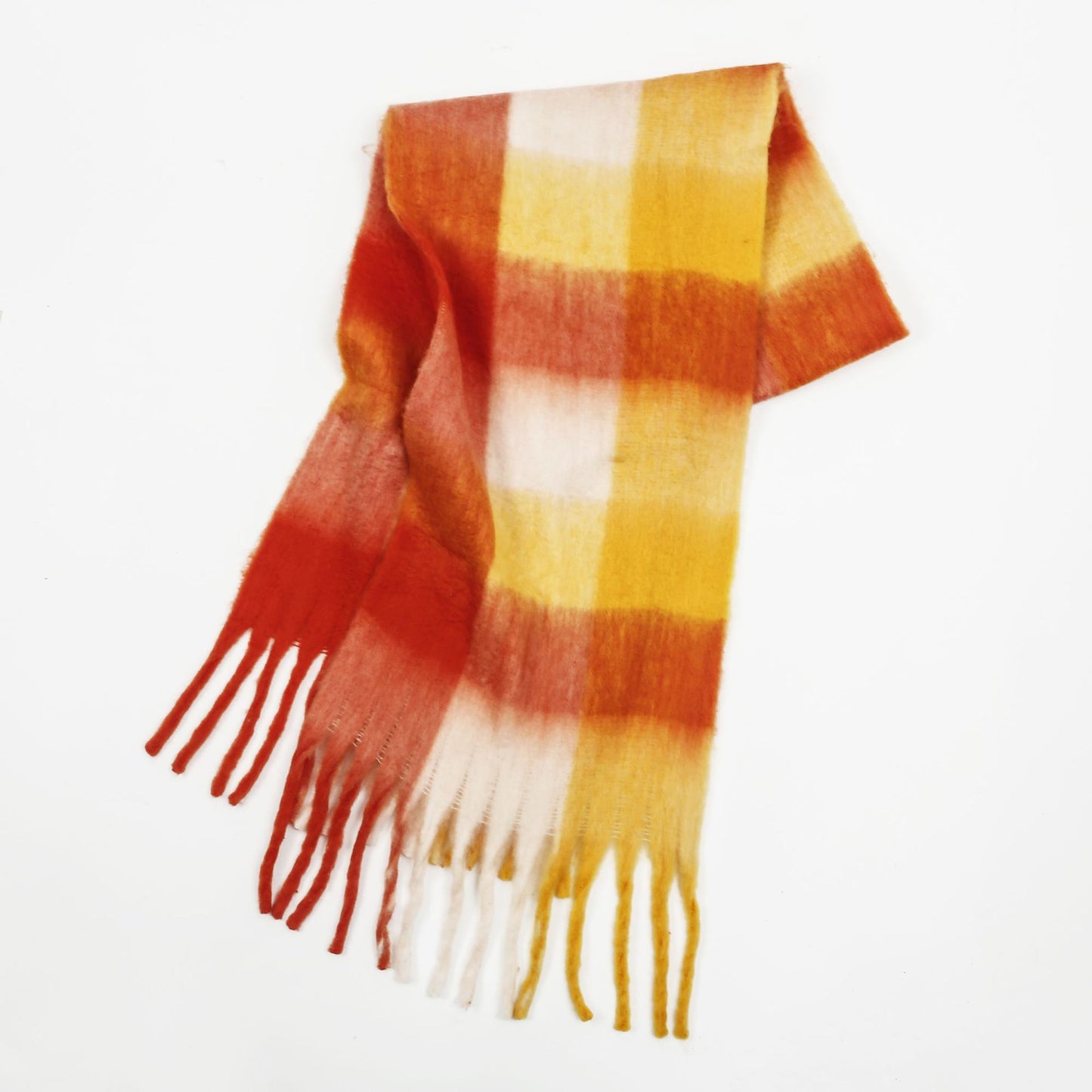 Women Color Matching Mohair Scarf Autumn Winter Warm Thickening Lattice Tassel One Size Orange and White Plaid