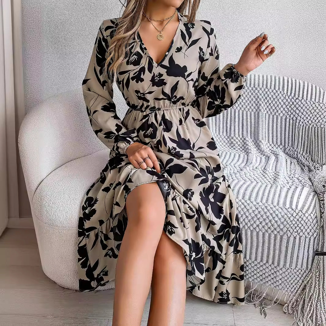 Real Shot Autumn Winter Casual Floral Waist Controlled Long Sleeves Ruffled Dress Women Clothing