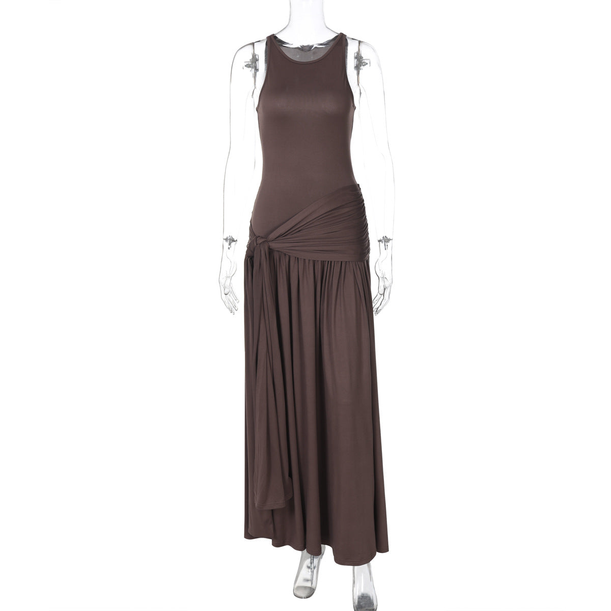 Spring Stitching Ribbon Ruffled Slim Street Midi Solid Color Dress Brown