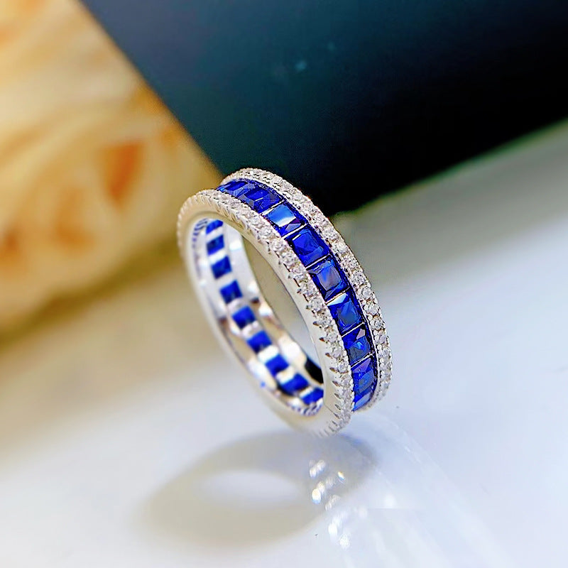 S925 Silver Seamless Inlaid Princess Square Exquisite Full Diamond Micro Setting Ring Blue