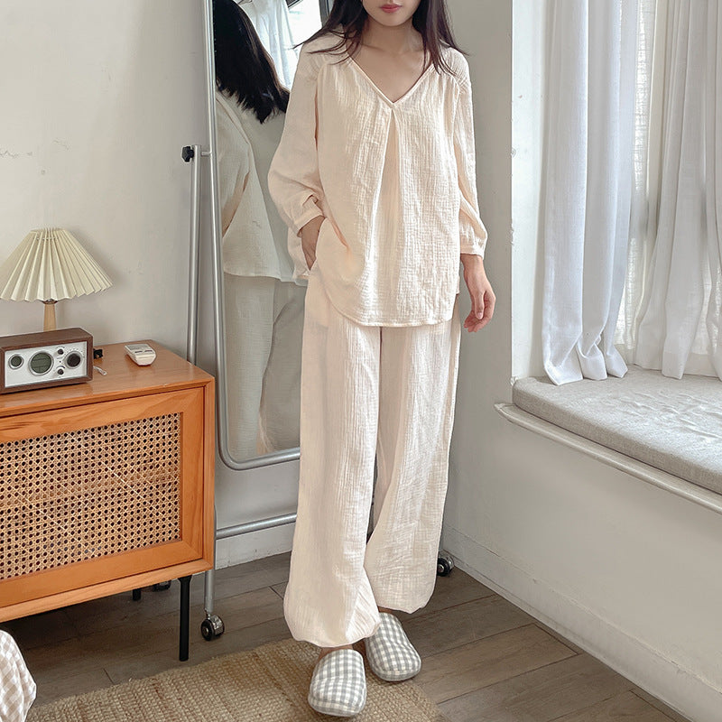 Korean Double Layer Cotton Yarn V neck Pajamas Early Spring Skin Friendly Comfortable Home Wear Two Piece Women Clothing