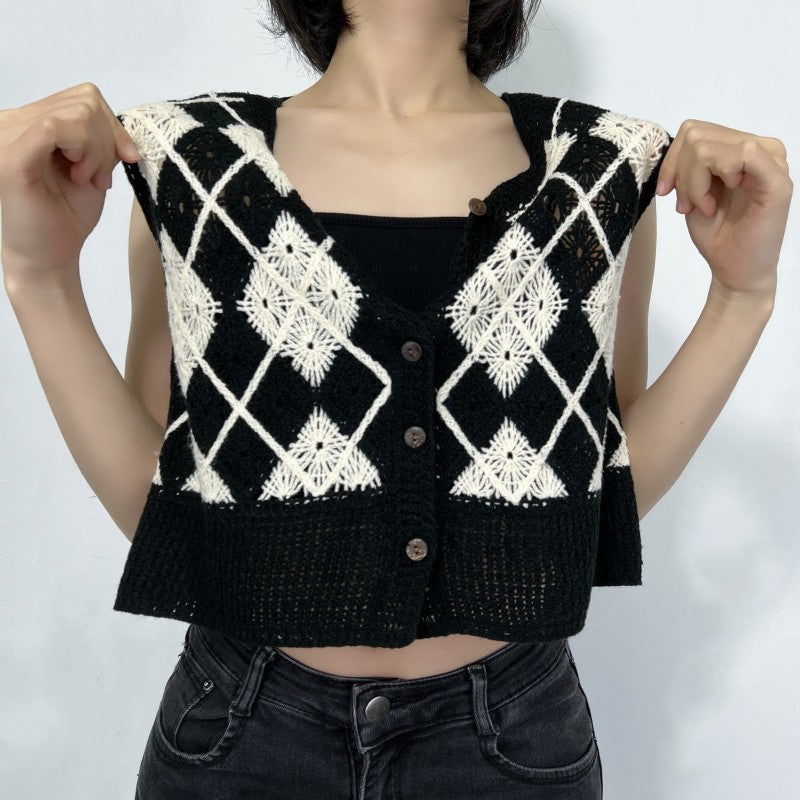 Retro Knitted Plaid Cardigan Vest Spring Black White Lattice Pattern Casual All Matching Tops