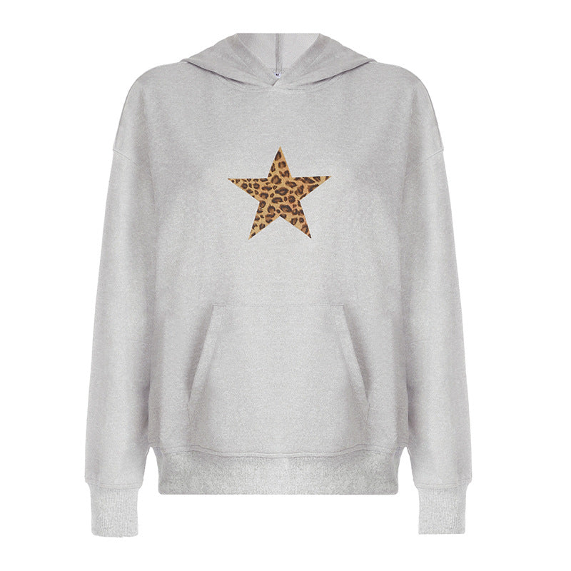 Simple Gray Leopard Print Five Pointed Star Loose Hooded Sweater Girl Basic All Matching Autumn Winter Pullover Top Gray