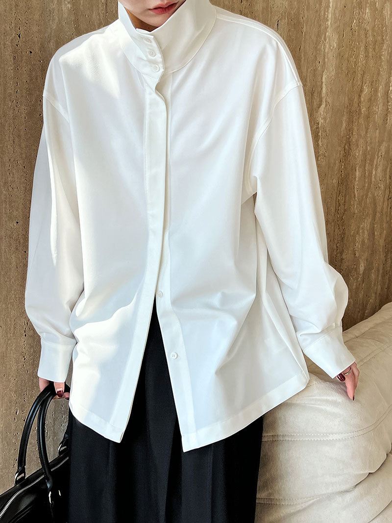 Autumn French Stand Collar Design Lazy Drape Profile Simple Elegant Long Sleeve Blouse Women Crescent White