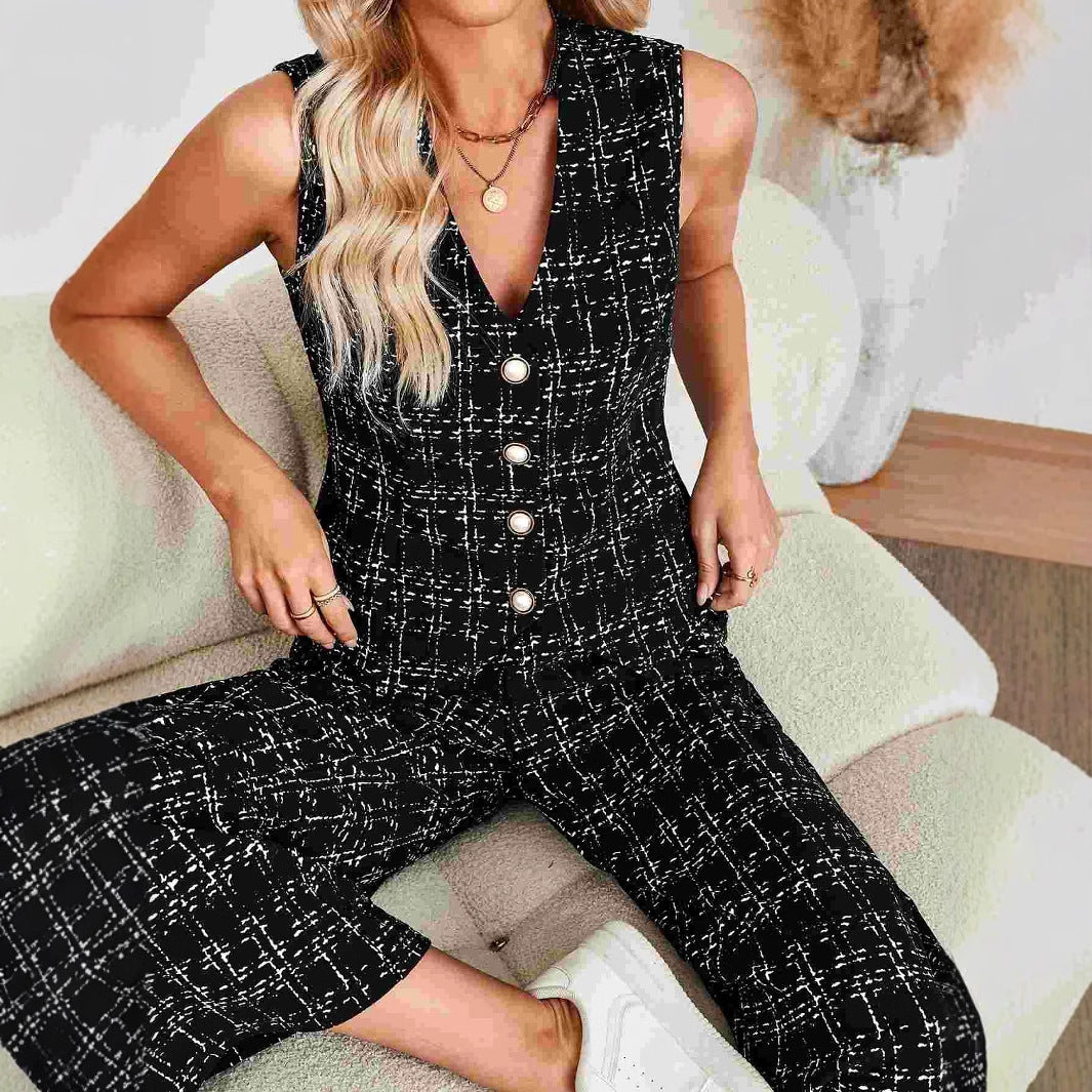 Professional Office Classic Knitted Plaid Vest Top plus Wide Leg Trousers Ladies Sets