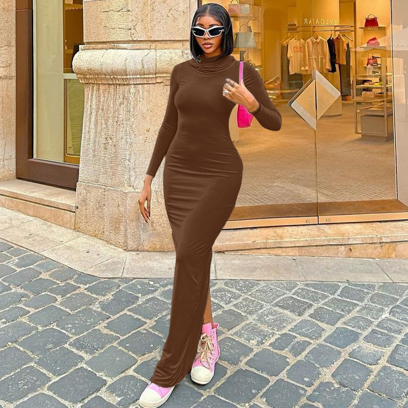 Women Clothing Summer Slim Fit Hood Back Slit Solid Color Dress S Coffee