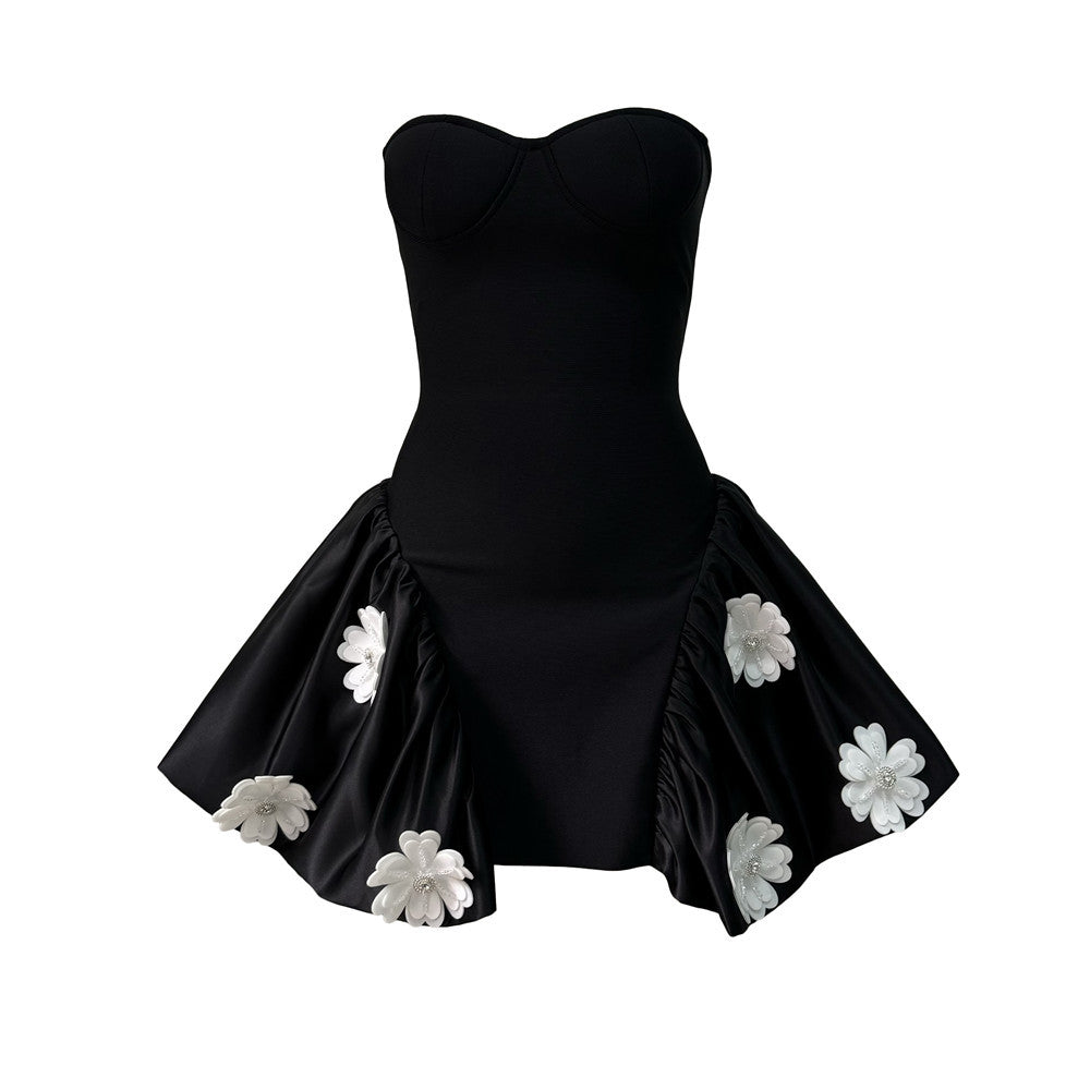 Women Ladies Graceful Tube Top Bandage Stitching Puffy dress Three Dimensional Floral Party Dress Black