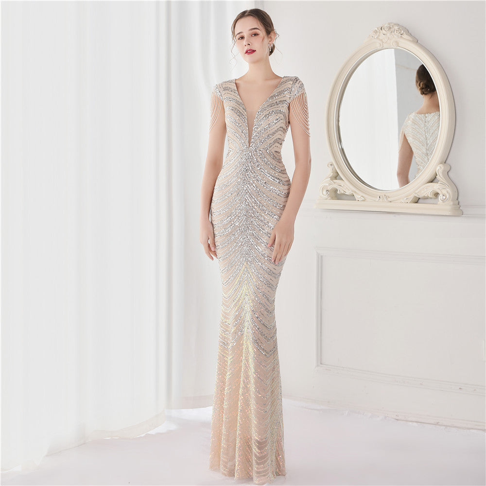 Positioning Floral Sequin Craft Beaded Party Party Evening Dress Sexy Long Toast Dress Bride Apricot silver