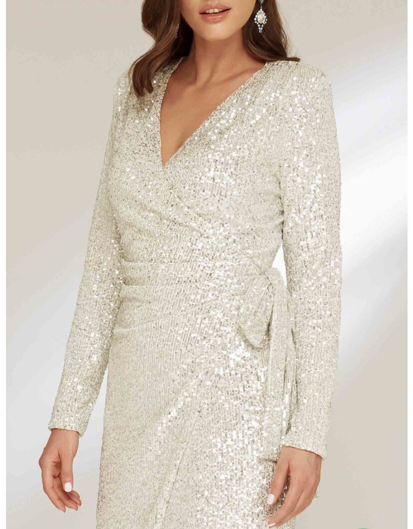 Sequin Office V neck Long Sleeve Lace up Sheath Dress Silver