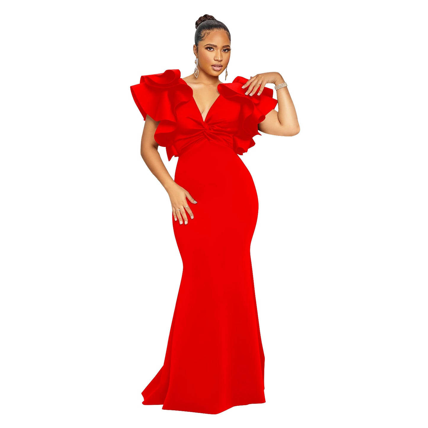 Women Wear Solid Color Short Sleeve V neck Maxi Dress Red