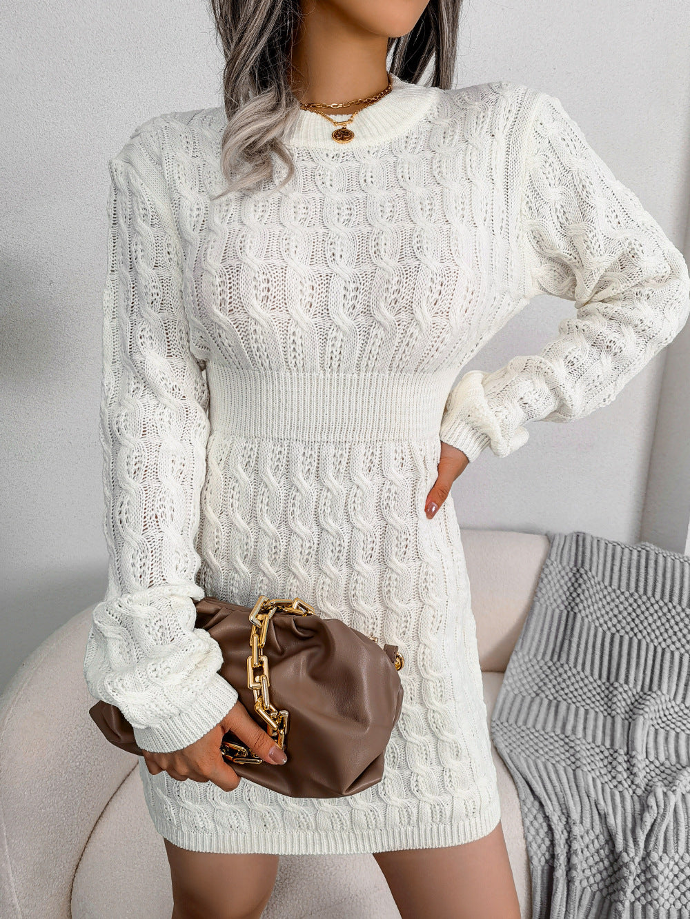 Fall Winter Casual Twist Waist Sheath Dress Base Sweater Dress Women Clothing White