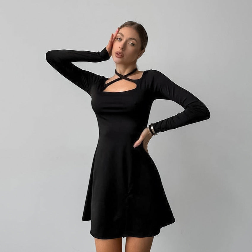 Autumn Winter Black Sexy Slim Fit Slimming Knitted Square Collar Design Lace up Dress Office Split