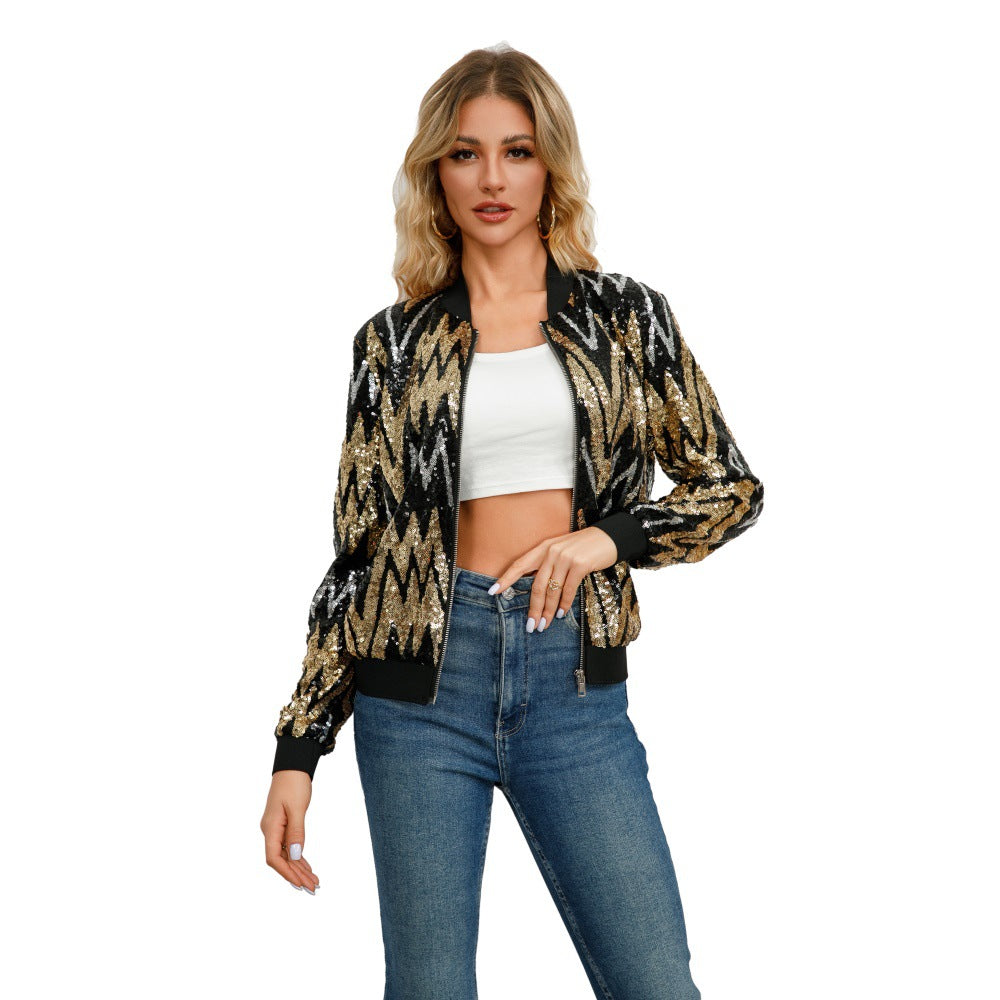 Long Sleeve Spring Autumn Outerwear Top Women Clothing Sequined Jacket Coat Gold