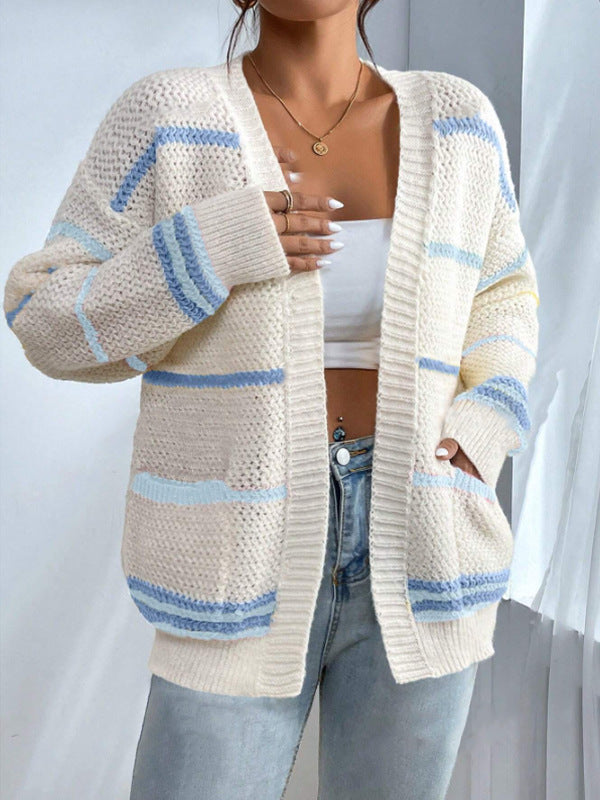 Autumn Winter Rainbow Bar Knitted Cardigan Women Sweater Loose Casual All Matching Sweater Coat skyblue