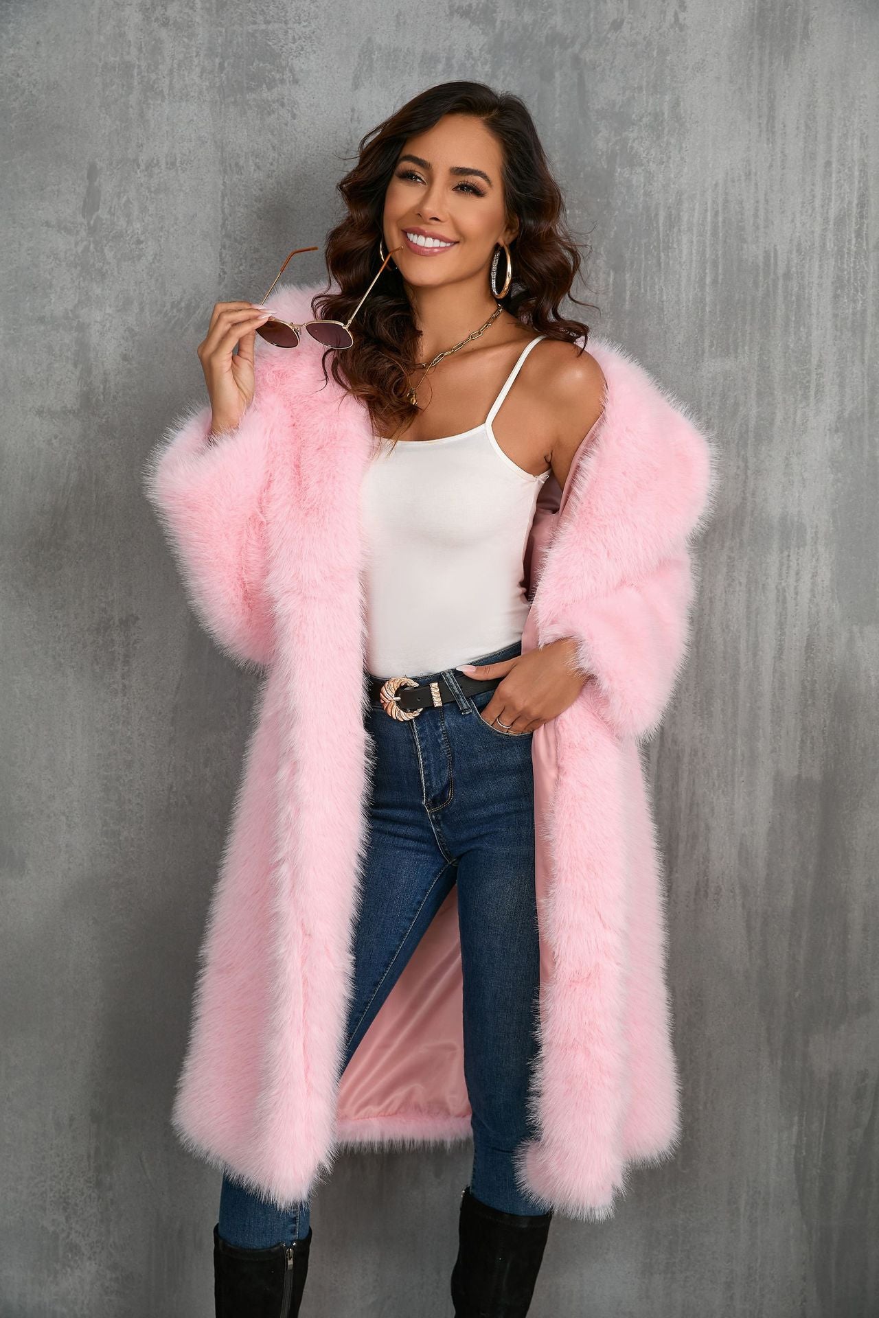 Autumn Winter Imitation Fox Thickened Long Section Collar Faux Fur Coat Mid Length Plush Fur Coat Pink