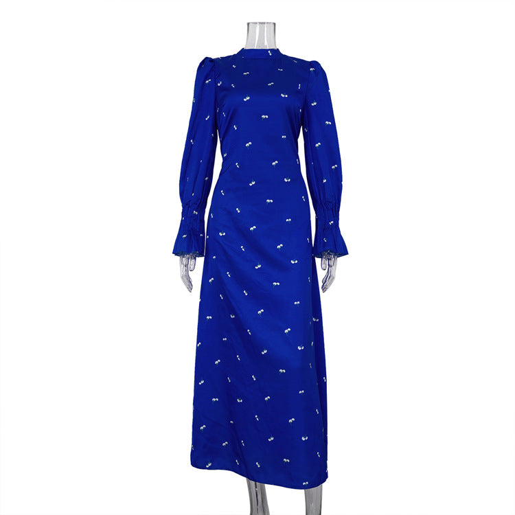 Women Printed round Neck Long Sleeved Dress Autumn Waist Controlled Drape Satin Dress Blue