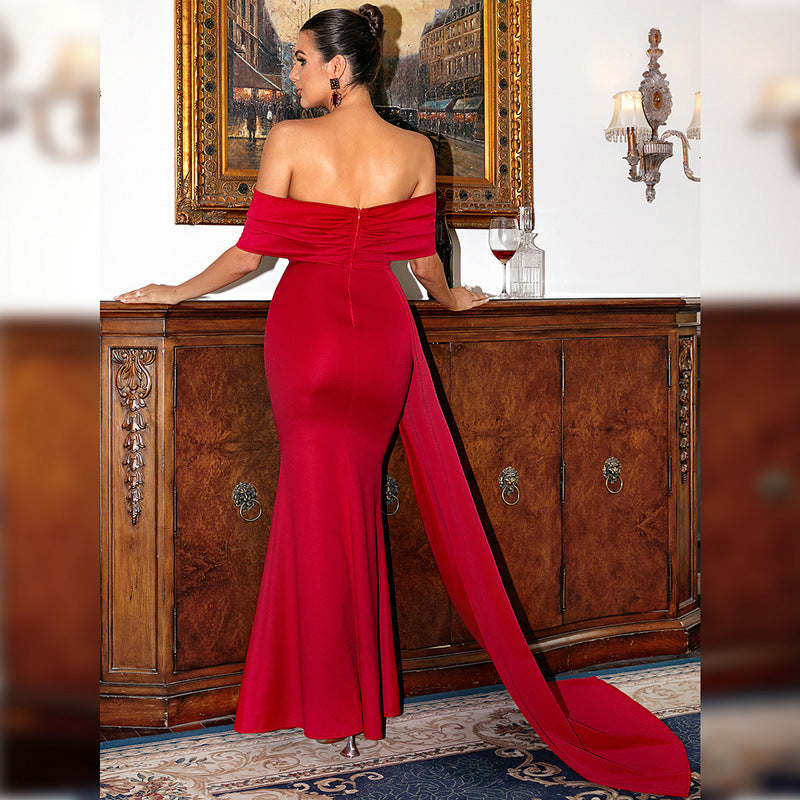 Elegant Red Satin off-the-Neck Elegant Lady Short Sleeve Long Pattern High-Grade Chest-Wrapped Evening Dress