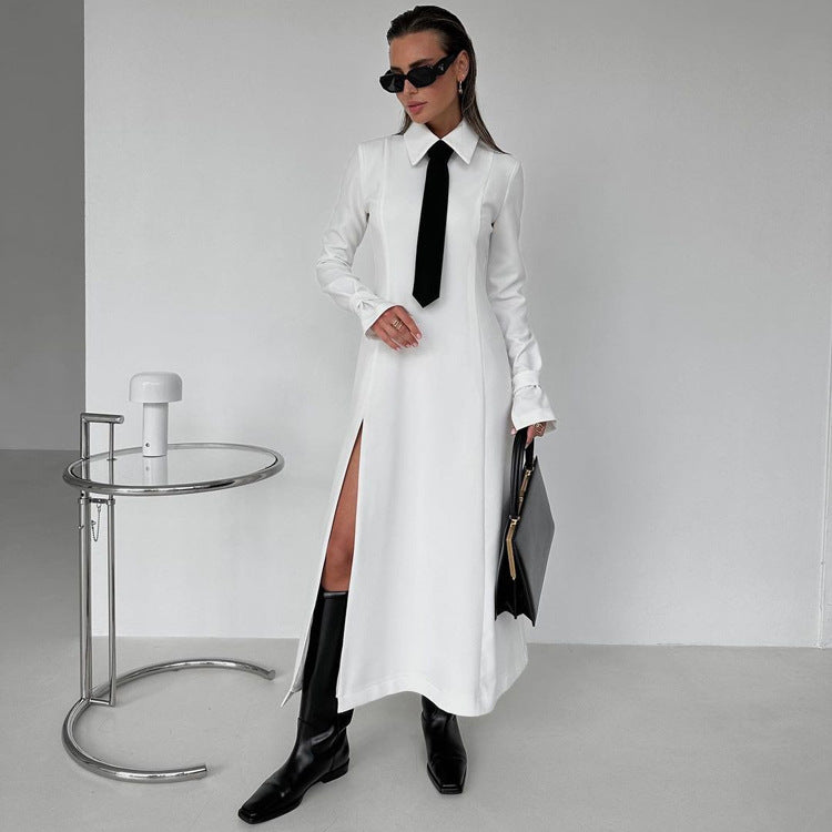 Women Clothing Early Spring Elegant College Collared Long Sleeve Split Dress Tie Dress