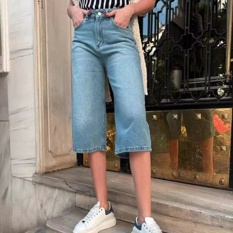 Summer Urban Casual Ordinary Washed Loose Fitting Women Denim Middle Pants Light Blue