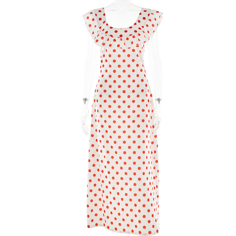 Women Clothing Spring Summer Polka Dot Printed A line Sexy Waist Trimming Ruffled Spaghetti Straps Dress White