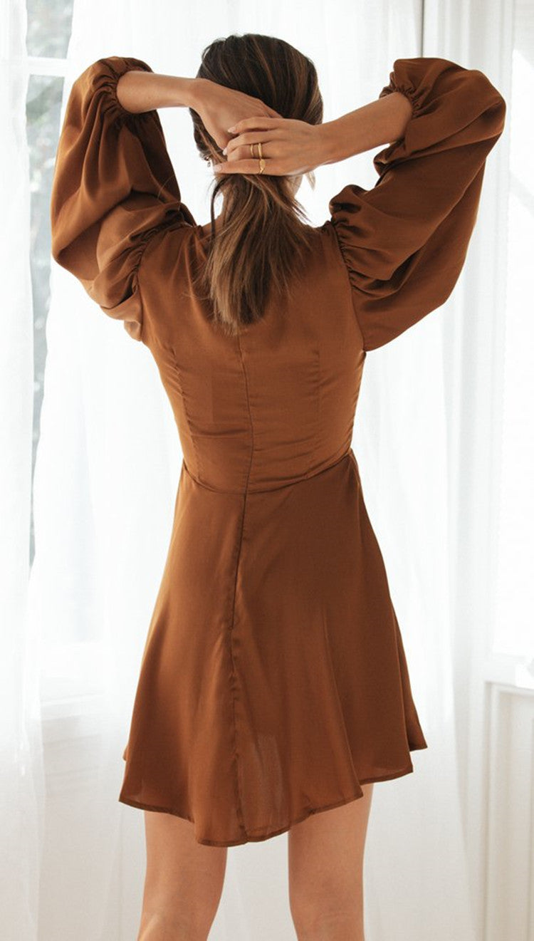 Sexy Solid Color Lantern Sleeve Long Sleeve V neck Lace up Ruffled Large Swing Dress