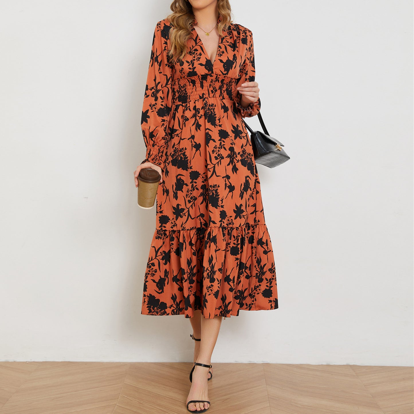 Dress Floral Print Ruffled Hem V Neck High Waist Dress