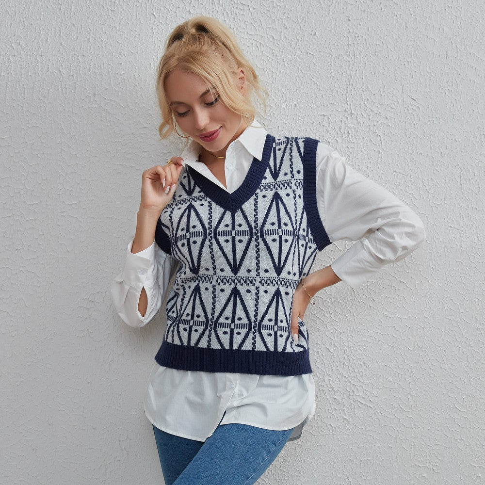 Women Clothing School Season Basic Simple Geometry Pattern Sweater Vest