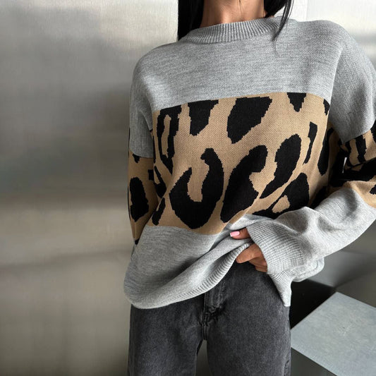 Contrast Color Leopard Print Sweater Idle round Neck Loose Pullover Casual Outdoor Autumn Winter Coat Women