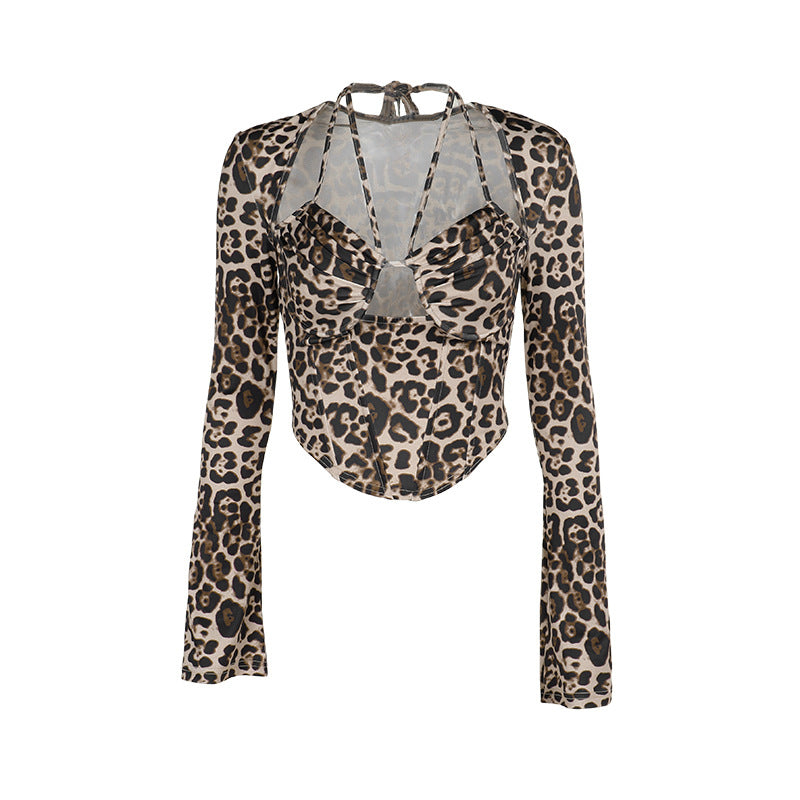 Unique Design Leopard Print Halterneck Long Sleeved Top Women Sexy Slim T shirt