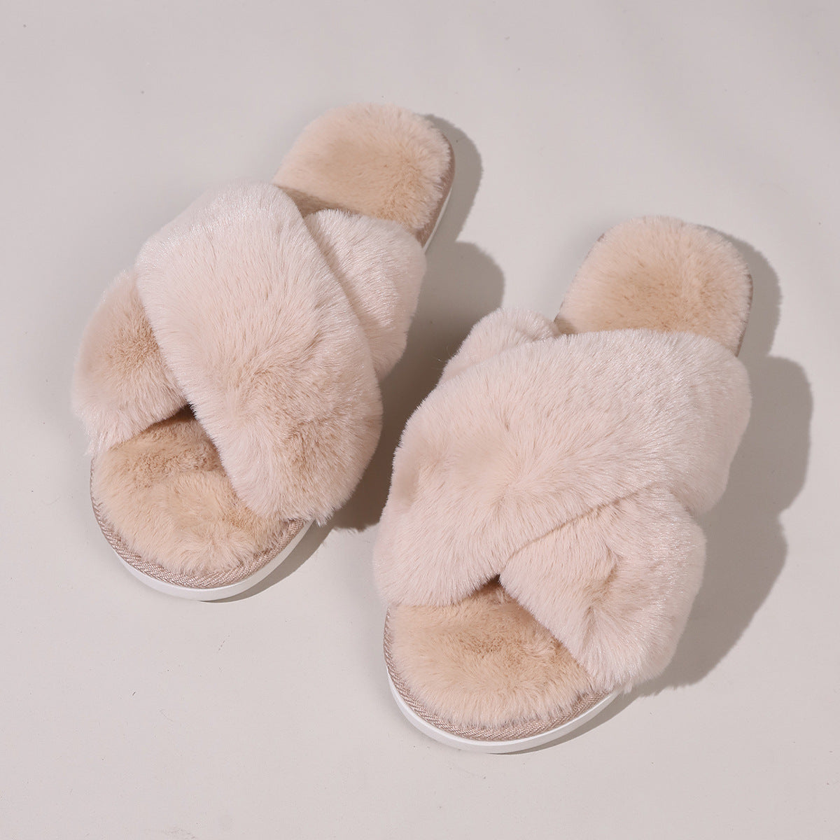 Women Fluffy Slippers Outerwear Cross Household Indoor Plush Lazy Cotton Slippers Ivory