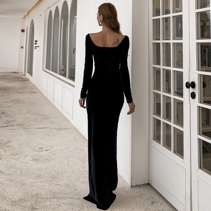 Solid Color Long Sleeve Nightclub Slim Toast Dress Banquet Split Evening Dress Women Formal Gown