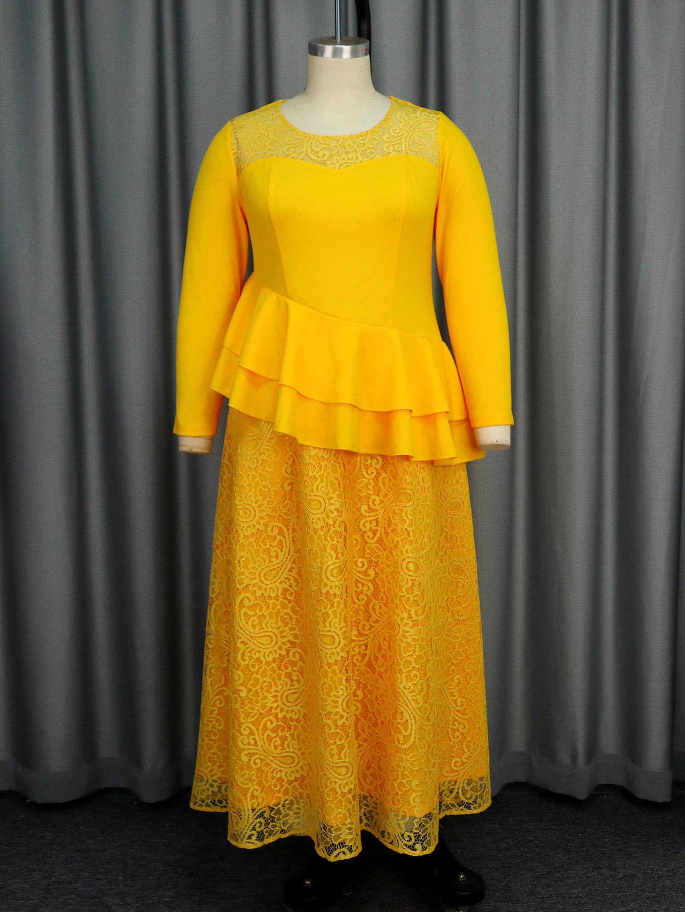 See through round Neck Long Sleeve Lace Dress Party Cocktail Ruffled Dress Dress Yellow