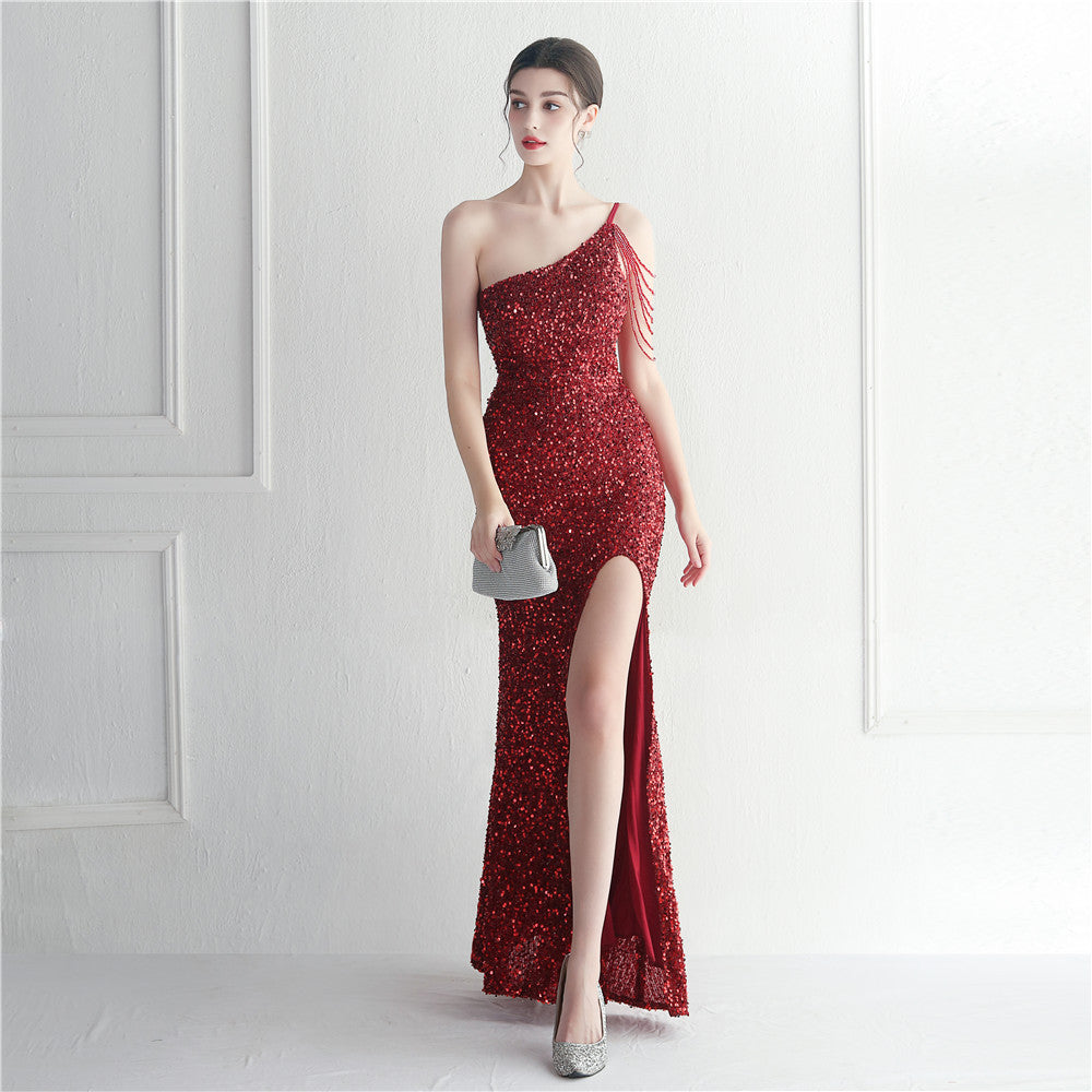 Craft Beaded Single Shoulder Suspender Sheath Split Leg Exposed Nightclub Evening Dress Dress Deep Red