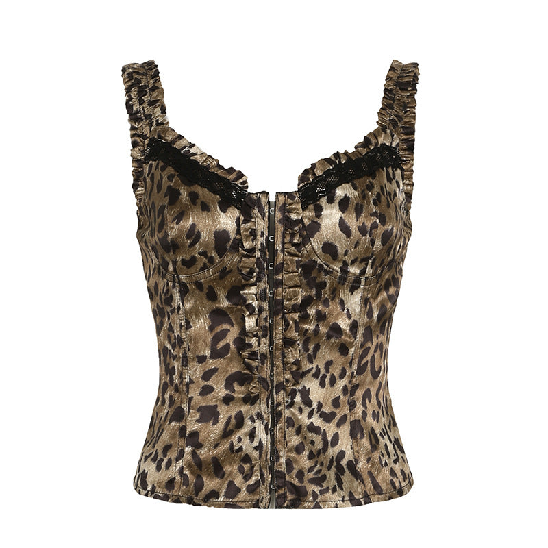 Retro Sexy Leopard Print Lace Pleated Sling Drawstring Slim Fit Top Wooden Ear Contrast Color Slim Fit All Match Vest Multi