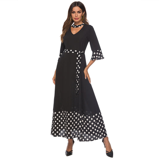 Women Clothing Dress V neck Flared Sleeves Stitching Polka Dot Dress