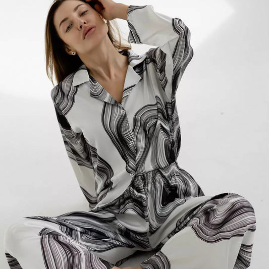 Cardigan Artificial Silk Printed Loose Home Wear Women Ice Silk Breathable Long Sleeves Trousers Pajamas