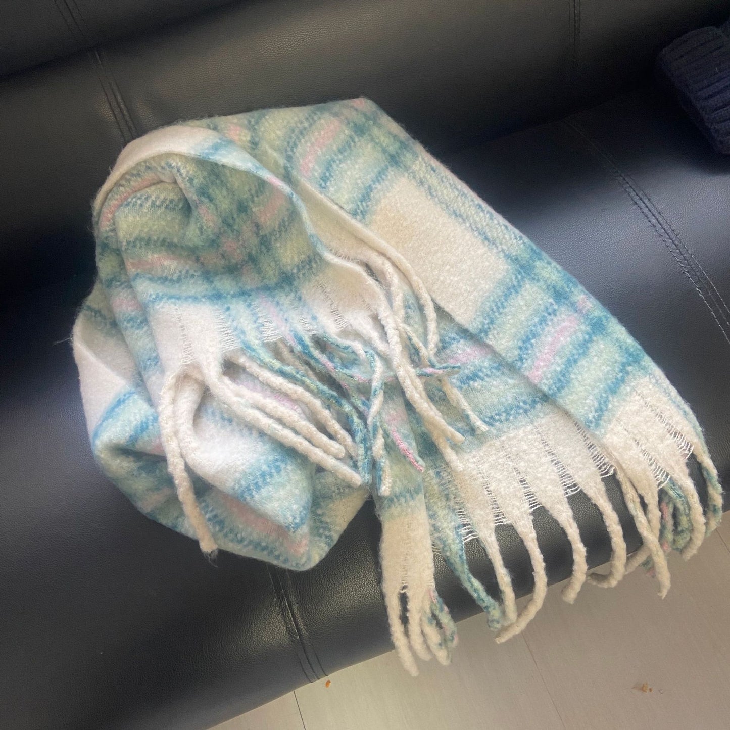 Autumn Winter Mohair Scarf Women Warm Scarf Thickened Cashmere Plaid Scarf One Size Blue Custard Plaid