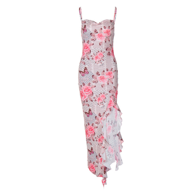 Summer Women Clothing Floral Print Ruffled High Slit Strap Dress