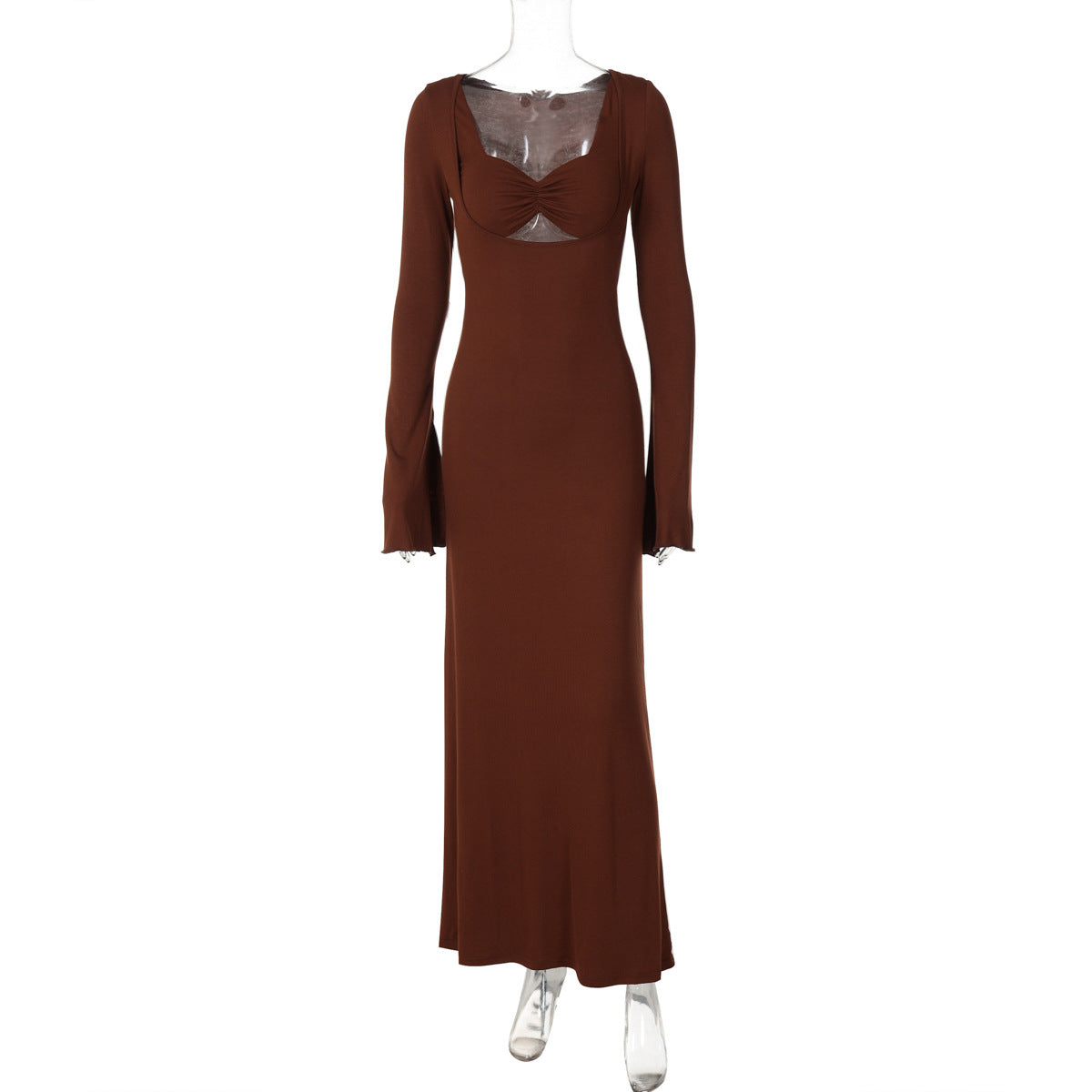 Women Clothing Autumn U Shaped Collar Minimalist Long Sleeve Waist Slimming Maxi Dress Brown