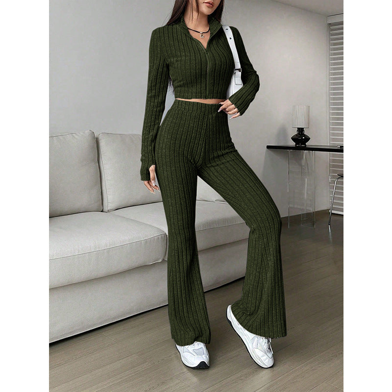 Zipper Cardigan High Waist Flared Pants Solid Color Knitwear Wide Leg Pants Sets