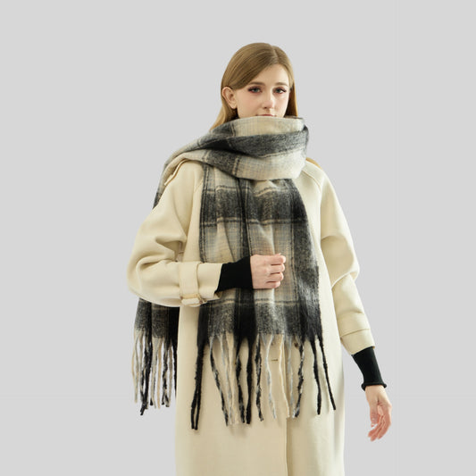 Winter Mohair Plaid Tassel Scarf Women Thickened Warm High Grade Scarf Simple All Match Scarf