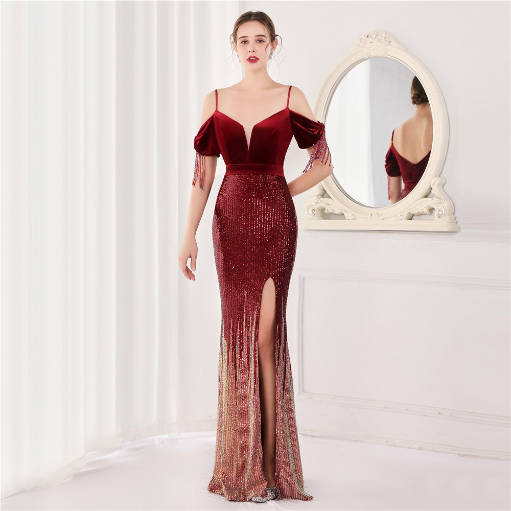 Velvet Spaghetti Straps Cocktail Evening Dress Dress Elegant Company Annual Meeting Women Sexy Long Short Sleeve Burgundy