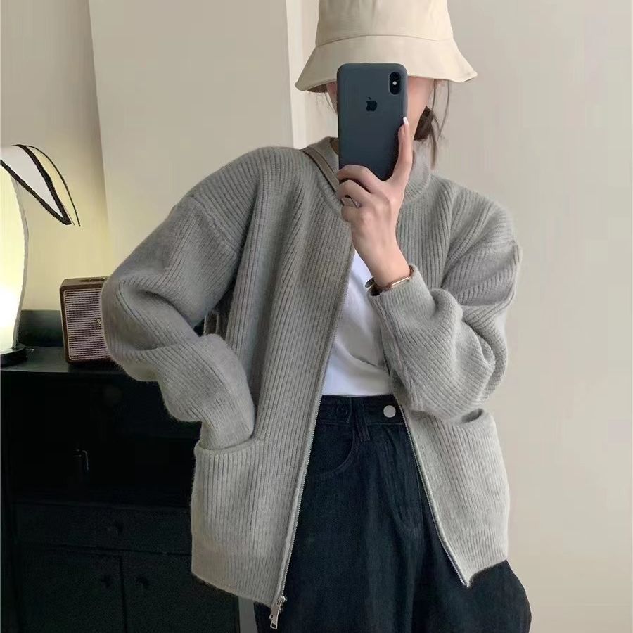 Retro Solid Color Idle Sense Sunken Stripe Double Zipper Knitted Cardigan Women Loose Soft Glutinous Dinified Sweater Coat