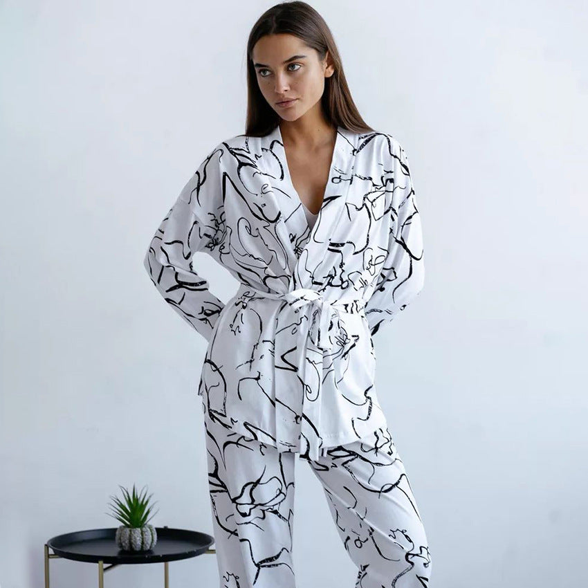 Floral Print Cardigan Long Sleeve Pants Homewear Loose Casual Comfortable Pajamas Women White