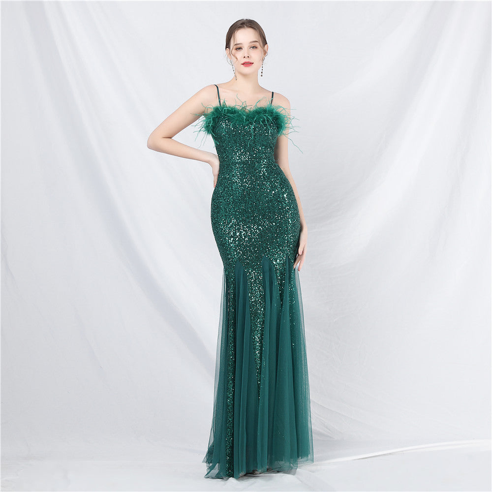 Craft Order Ostrich Feather Mesh Sequined Long Evening Dress Green