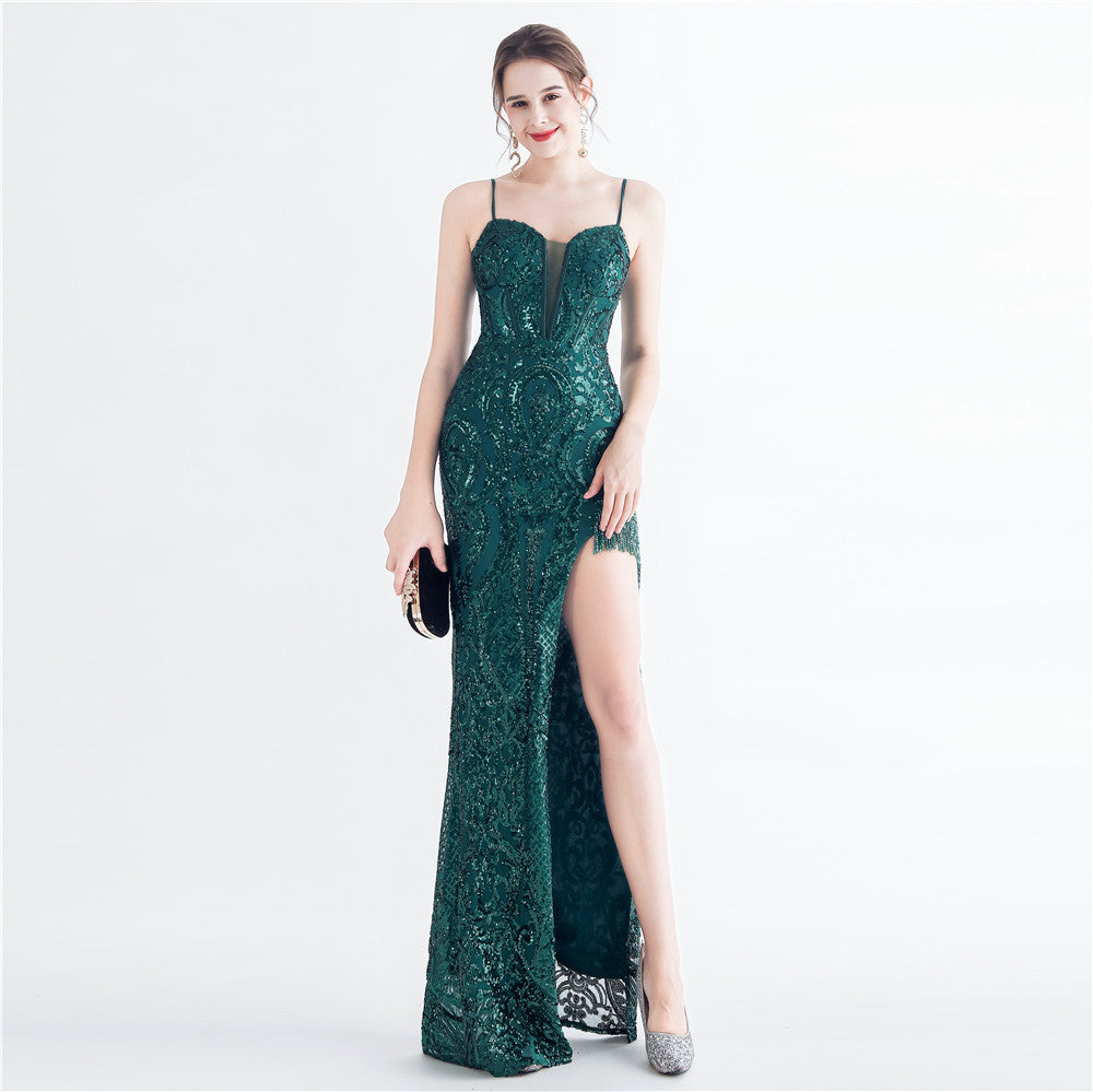 Handmade Beaded Positioning Floral Sequ High End Boning Corset Evening Dress Green